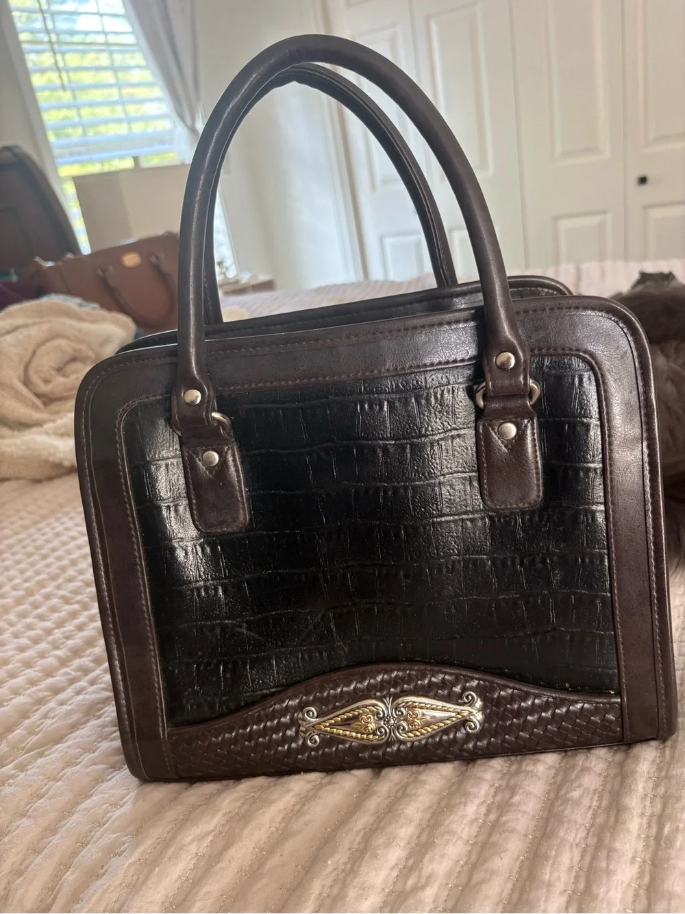 Dark Brown Croc-Texture Satchel with Gold Accent